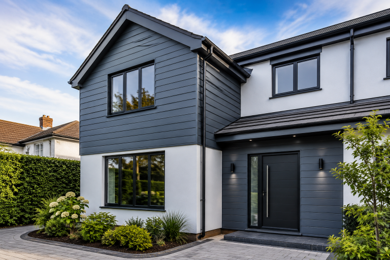 Modern Essex home with contemporary exterior cladding, black framed windows and stylish front entrance renovation