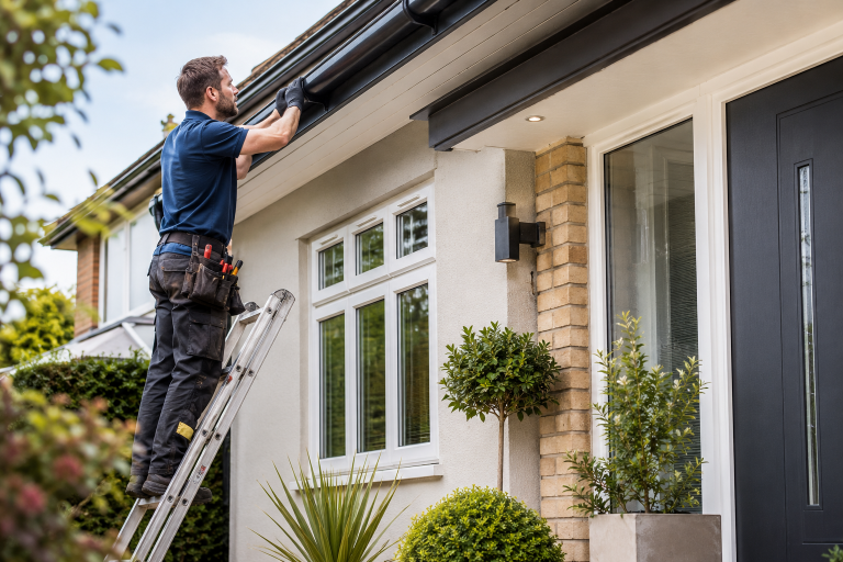 Property maintenance specialist carrying out exterior home repairs and gutter maintenance on a modern Essex property