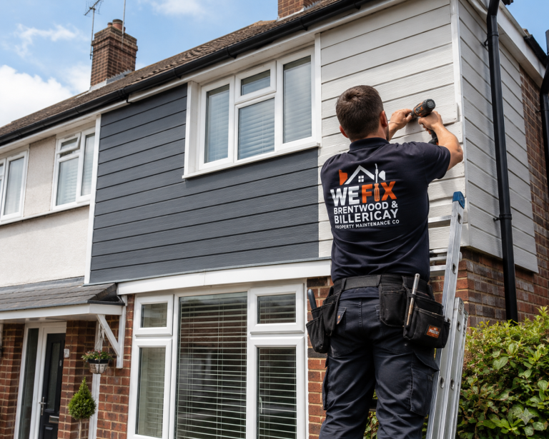Tradesperson installing exterior cladding on a semi-detached house in Brentwood wearing We Fix branded workwear